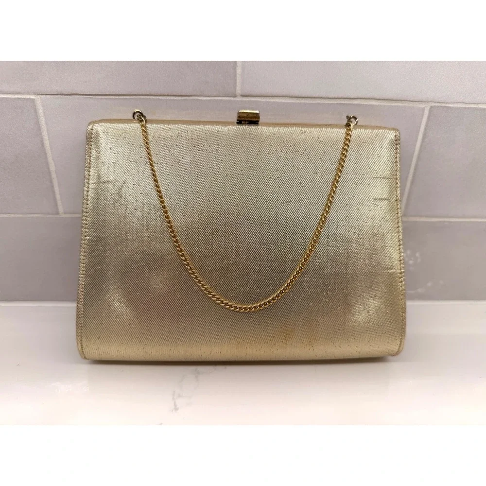 Vintage Evening Clutch Bag Womens‎ Small Gold Fair Metallic Chain Strap Formal